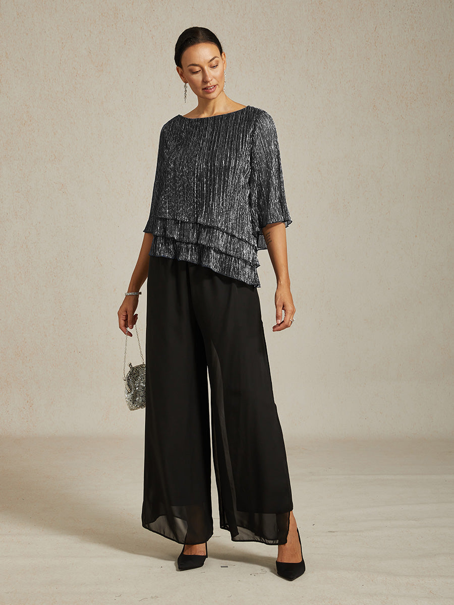 Metallic Pleated Chiffon Asymmetrical Layered Blouse