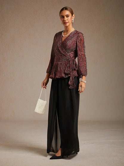 Metallic Pleated Chiffon Evening Wrap Top