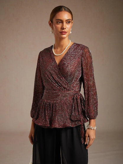 Metallic Pleated Chiffon Evening Wrap Top