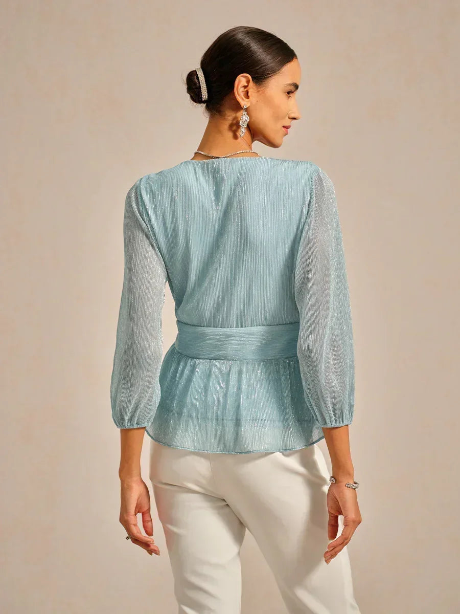 Metallic Pleated Chiffon Evening Wrap Top