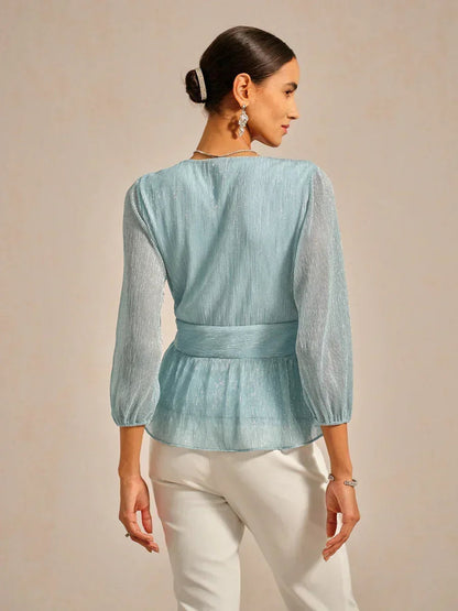 Metallic Pleated Chiffon Evening Wrap Top