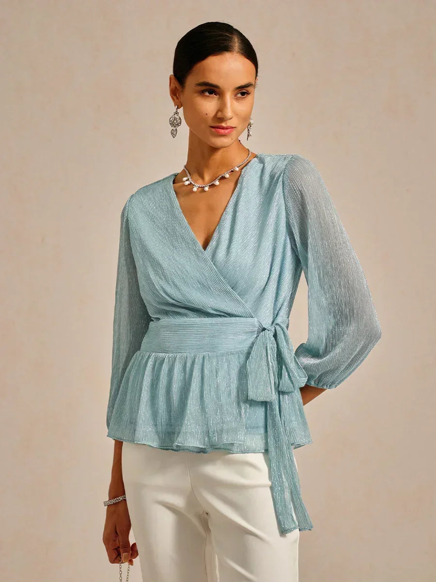 Metallic Pleated Chiffon Evening Wrap Top