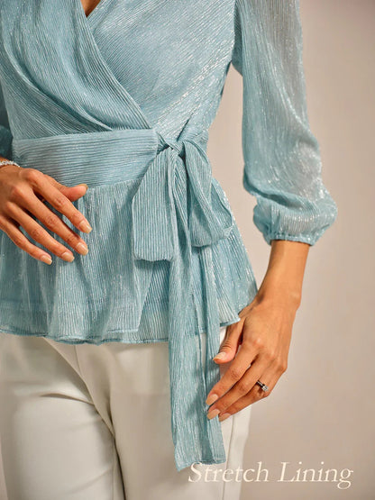 Metallic Pleated Chiffon Evening Wrap Top