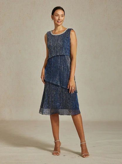 Metallic Pleated Chiffon Midi Dress with Beaded Round Neck