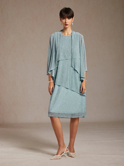 Metallic Pleated Chiffon Midi Dress with Beaded Round Neck