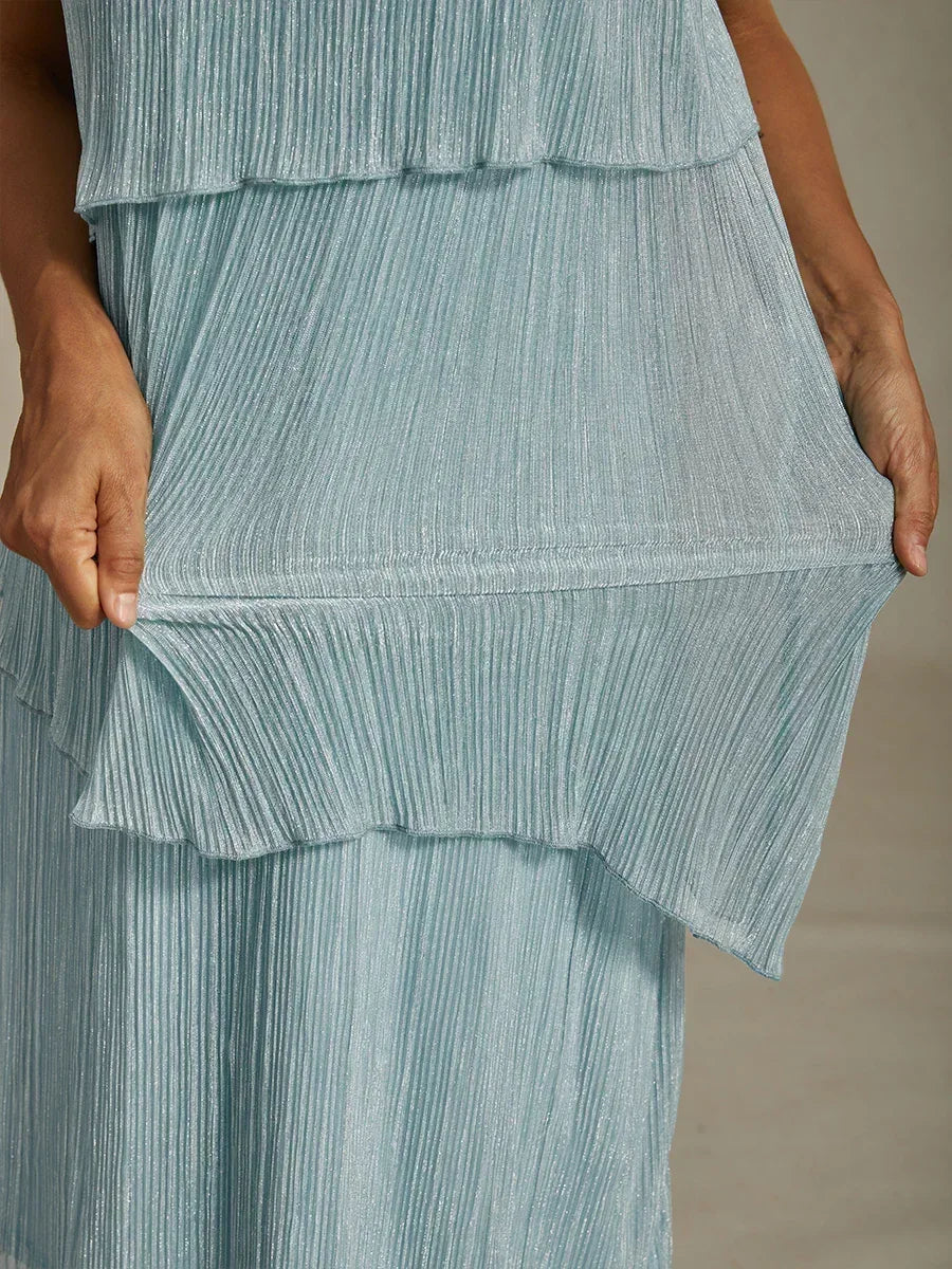 Metallic Pleated Chiffon Midi Dress with Beaded Round Neck