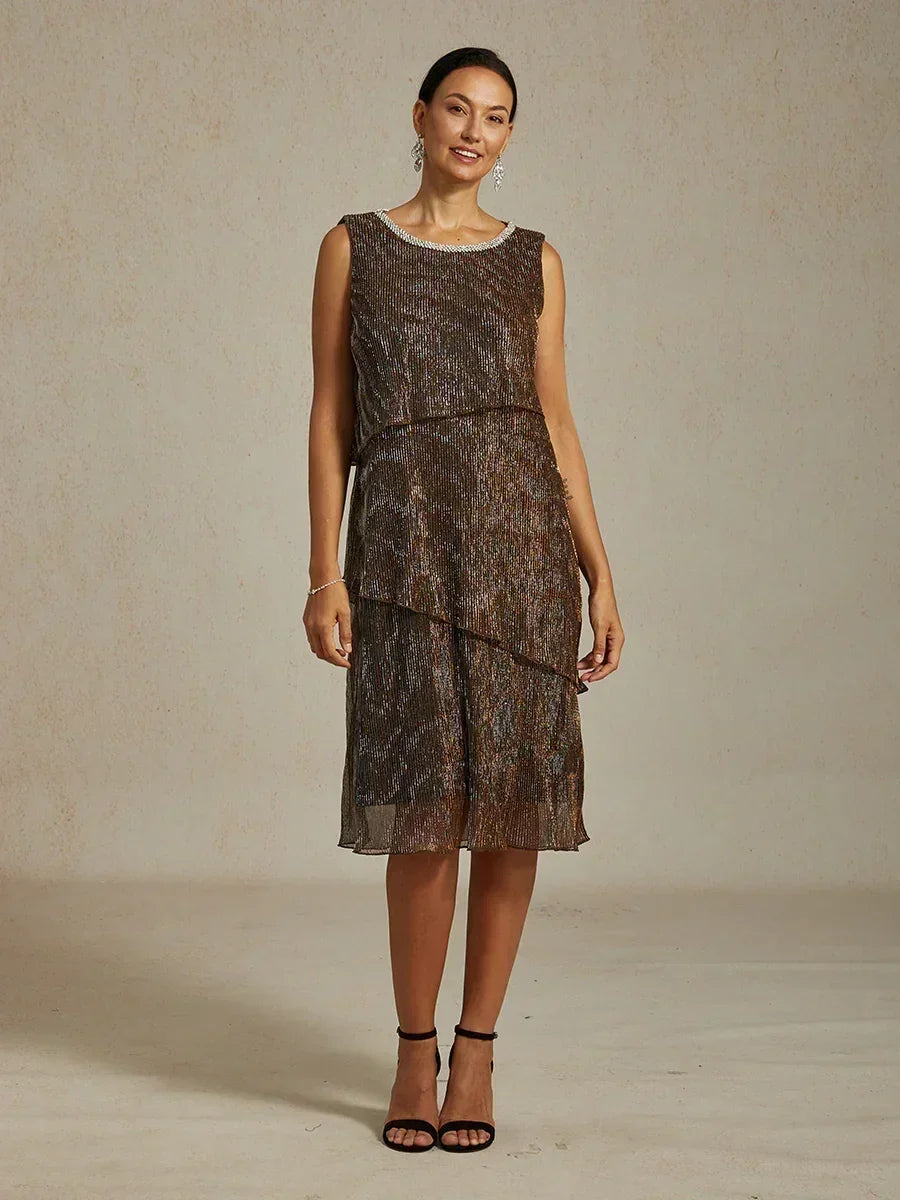 Metallic Pleated Chiffon Midi Dress with Beaded Round Neck