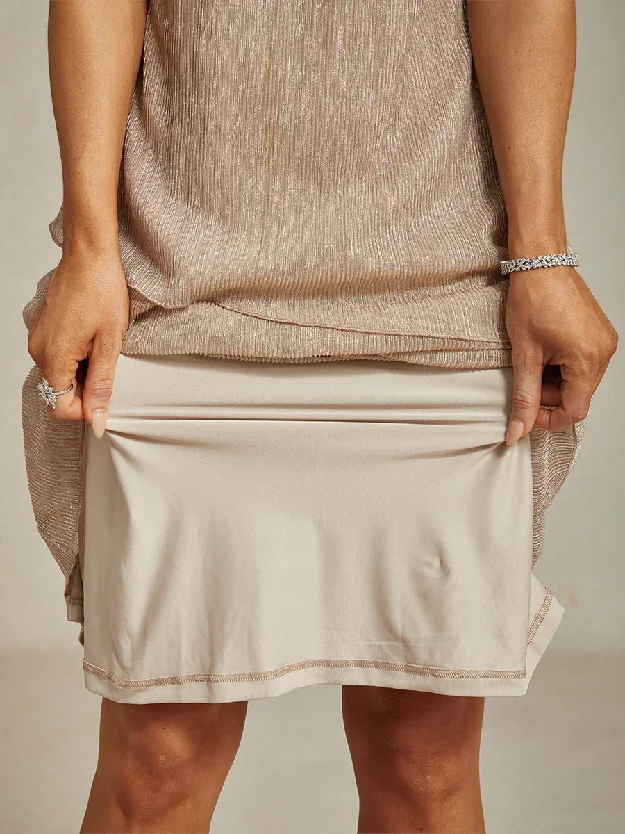 Metallic Pleated Chiffon Midi Dress with Beaded Round Neck