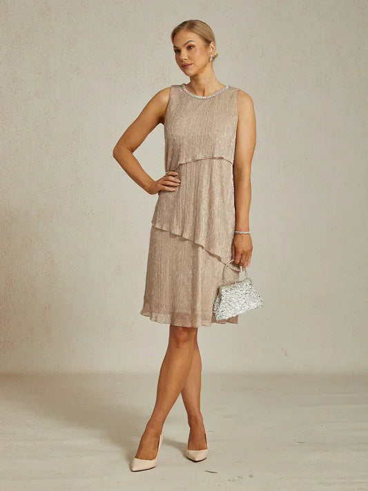 Metallic Pleated Chiffon Midi Dress with Beaded Round Neck