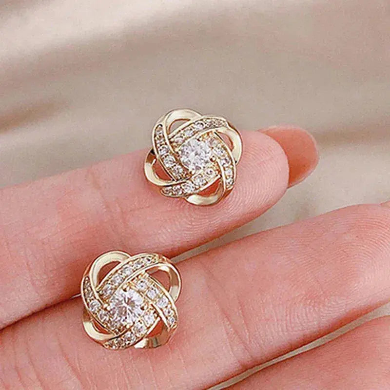 Gold Spiral Floral Crystal Stud Earrings - LEESTIA