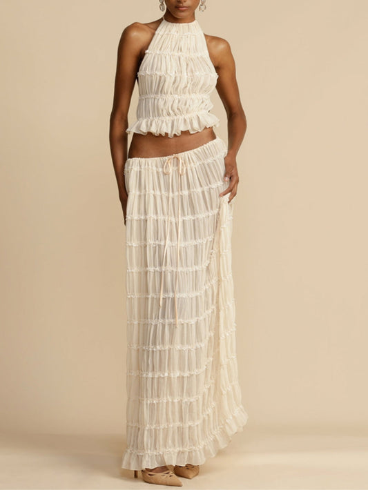 Pleated Drawstring Charm Waist Tiered Maxi Skirt