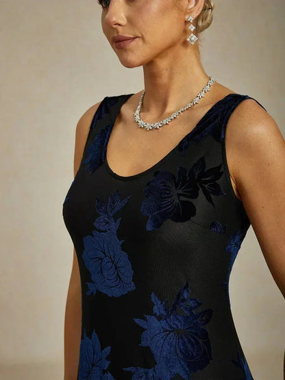 Navy Floral Chiffon Evening Gown with Asymmetrical Hem