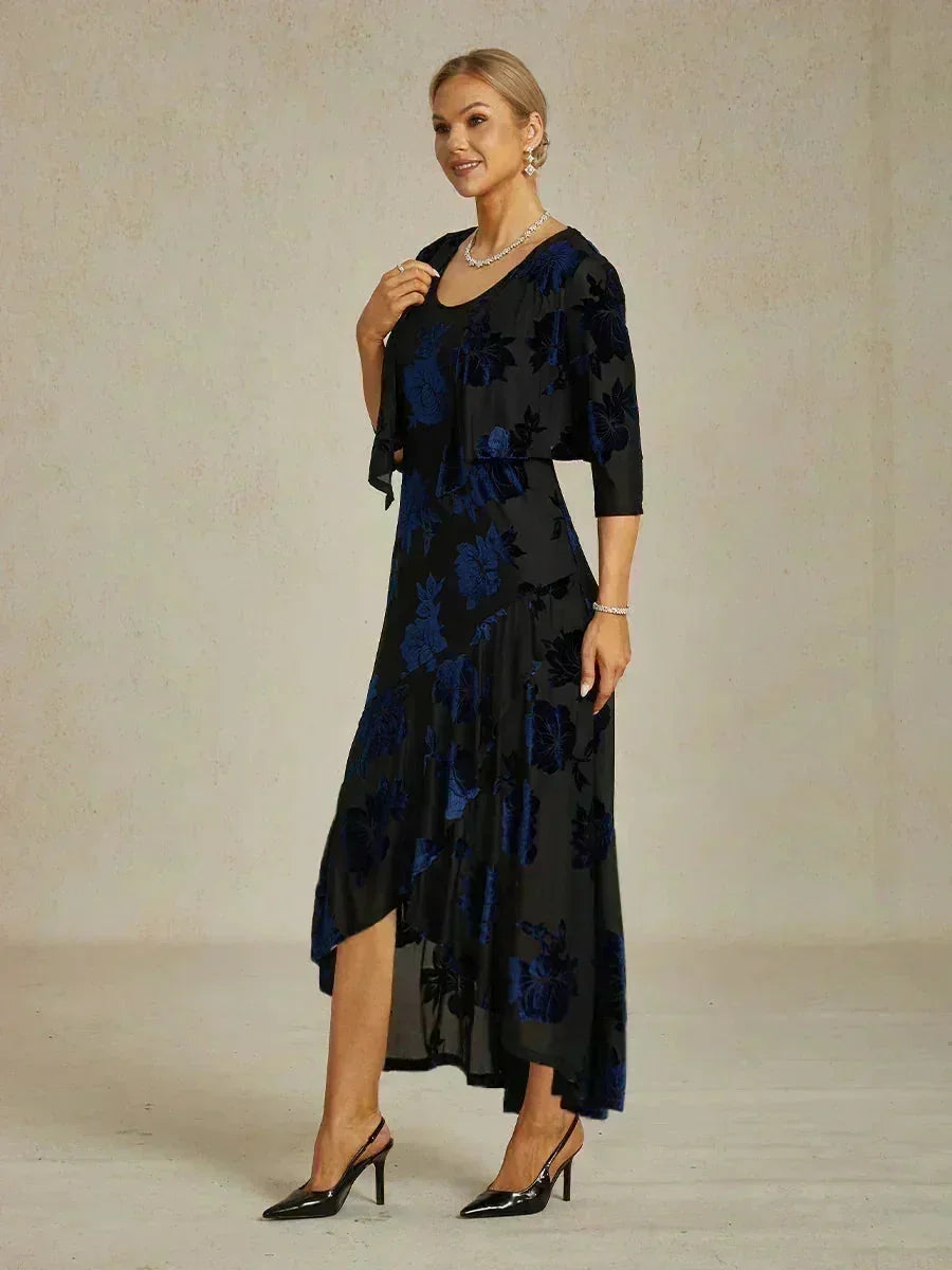 Navy Floral Chiffon Evening Gown with Asymmetrical Hem