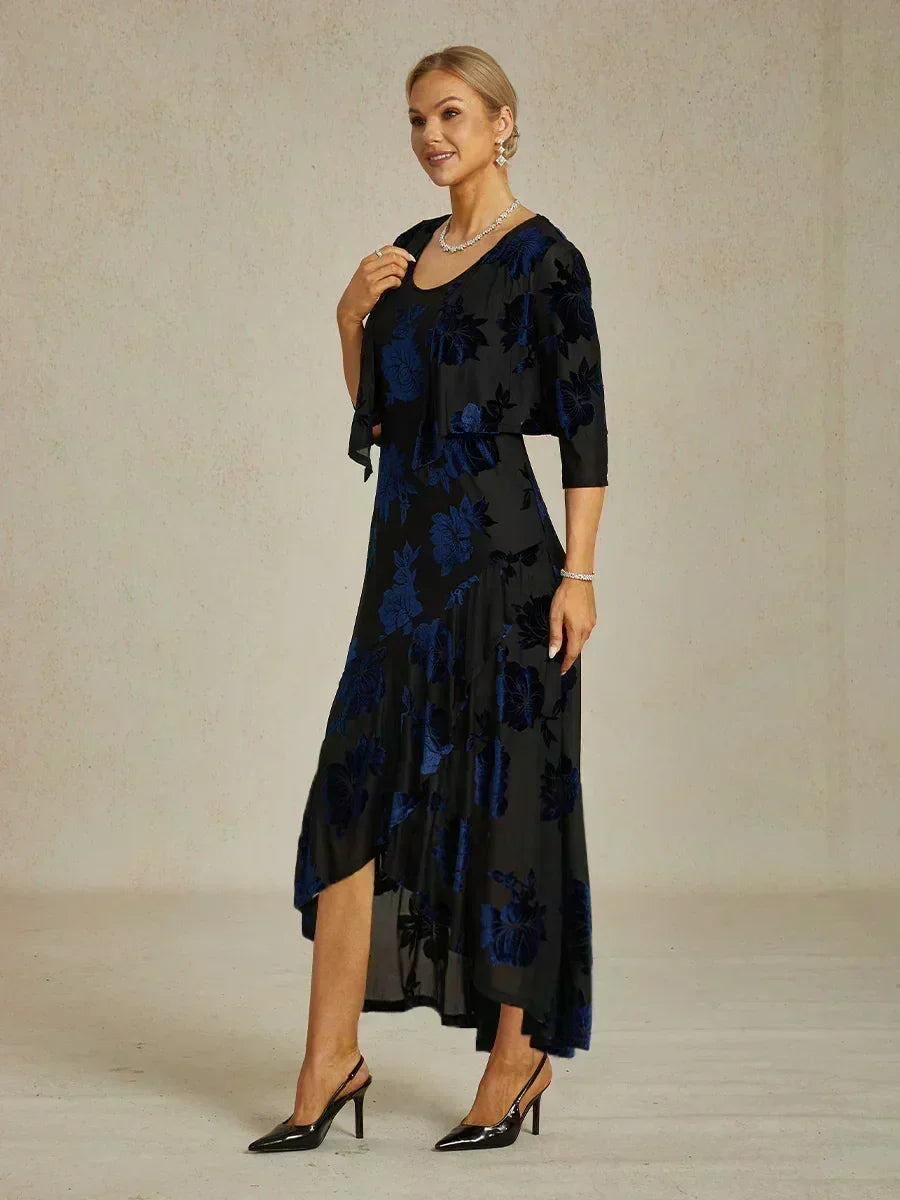 Floral Chiffon Evening Gown with Asymmetrical Hem