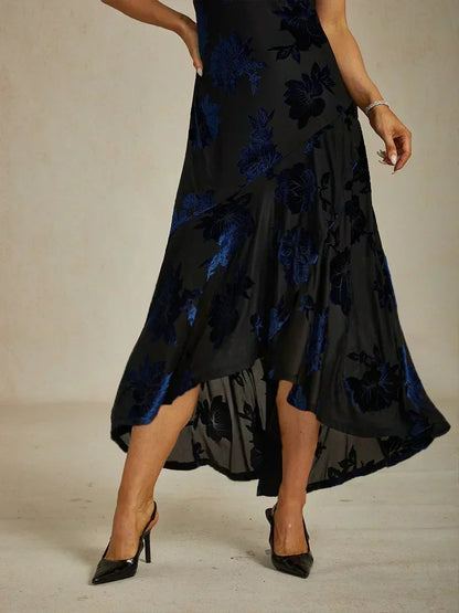 Floral Chiffon Evening Gown with Asymmetrical Hem