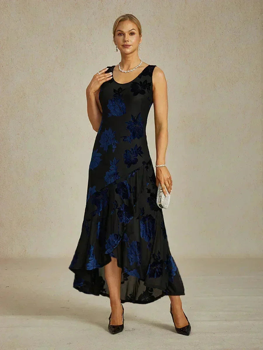 Navy Floral Chiffon Evening Gown with Asymmetrical Hem