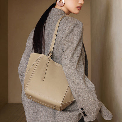 Women's Elegant Camel Textured Leather Shoulder Tote