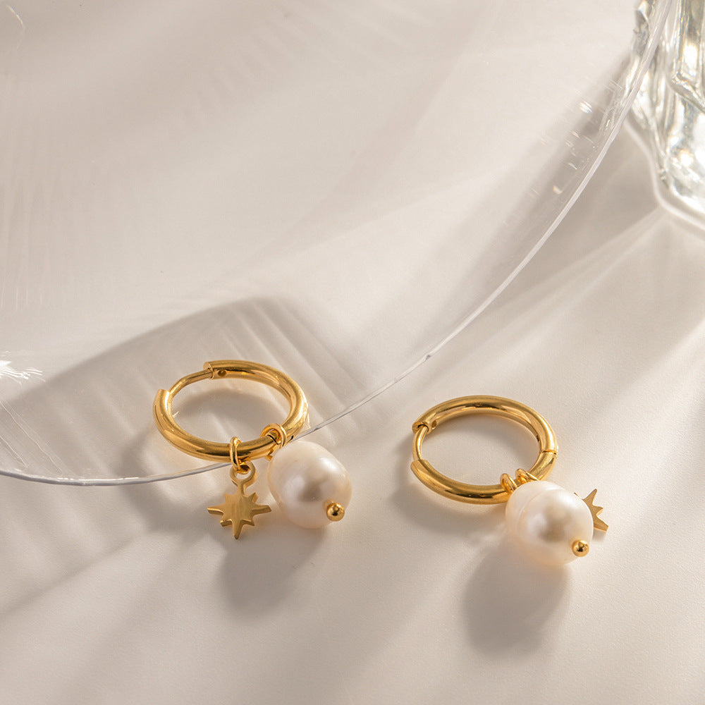 Natural Freshwater Pearl Earrings with Star Pendants