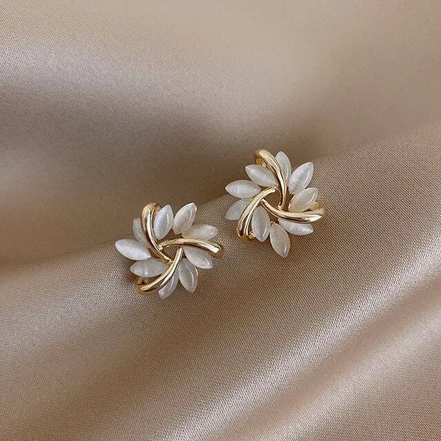 Gold Leaf White Opal Stud Earrings - LEESTIA