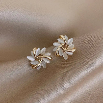 Gold Leaf White Opal Stud Earrings - LEESTIA