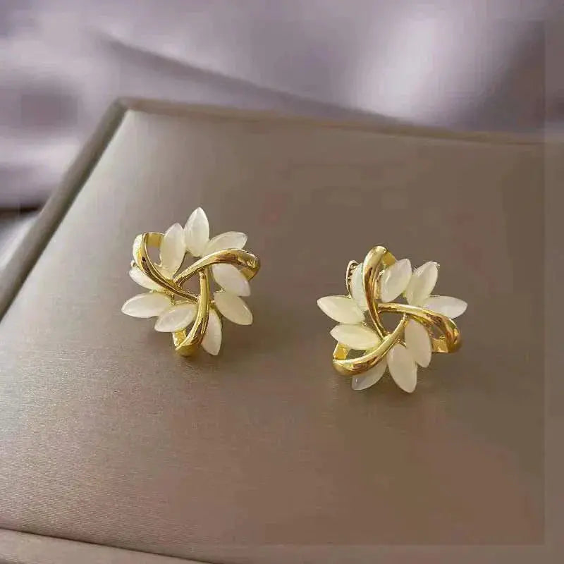 Gold Leaf White Opal Stud Earrings - LEESTIA