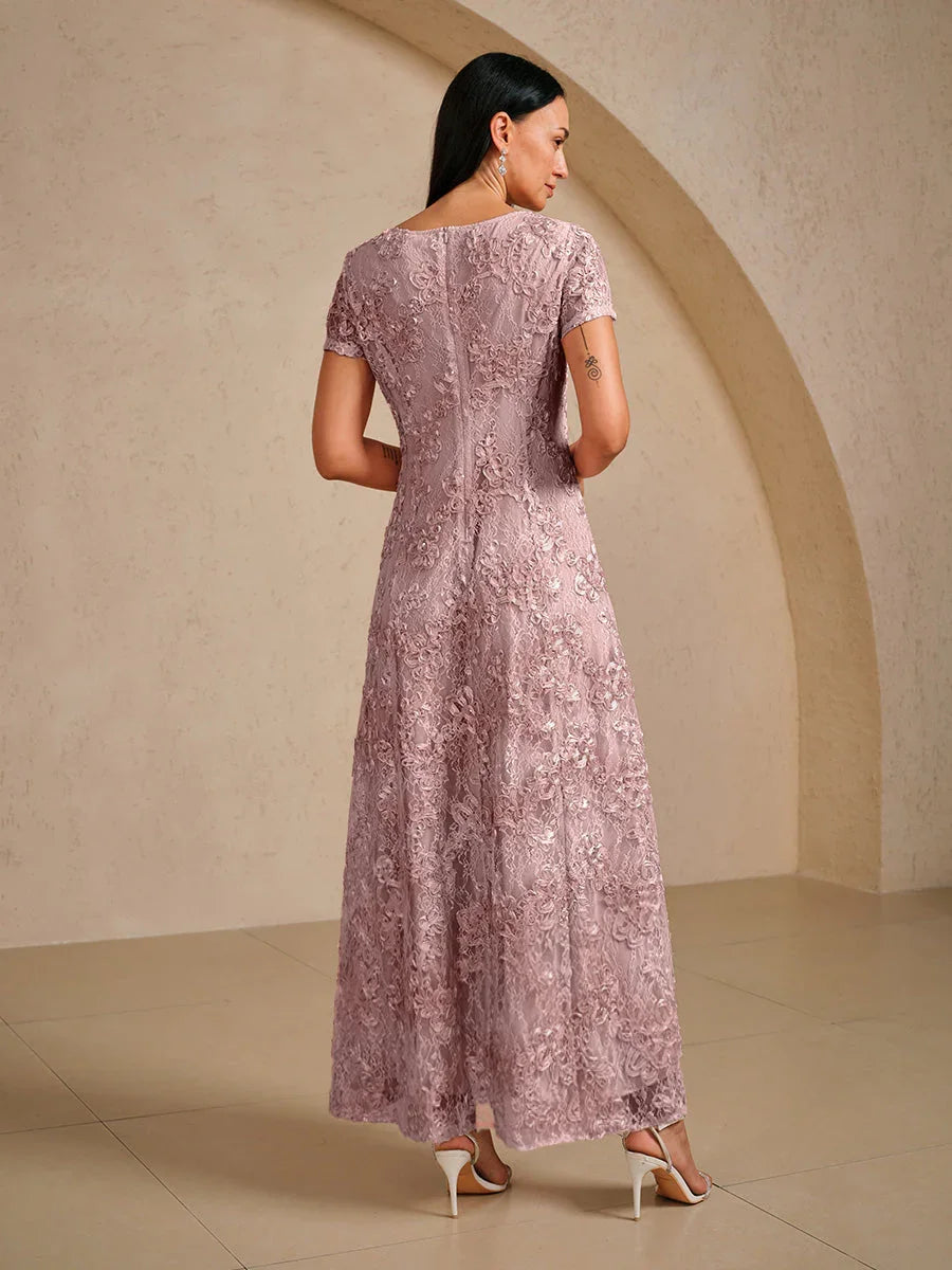 Rosette Lace A-Line Gown with Sequin Embellishment