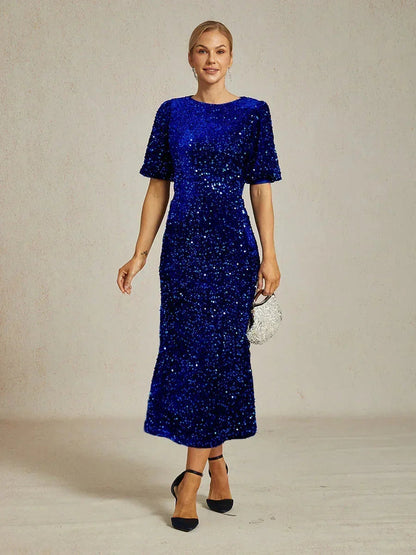 Velvet Sequin Midi Dress with Puff Sleeves