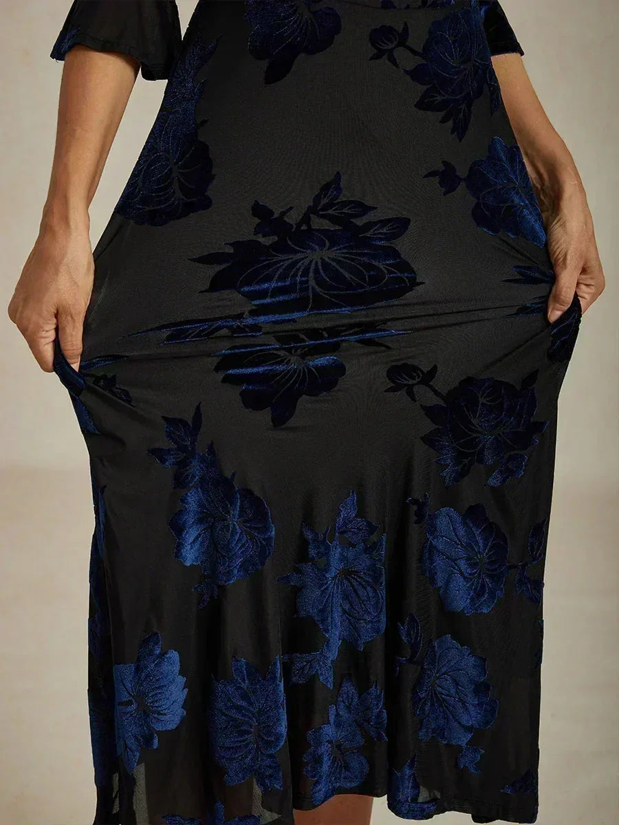 Floral Velvet A-Line Dress with Flutter Sleeves