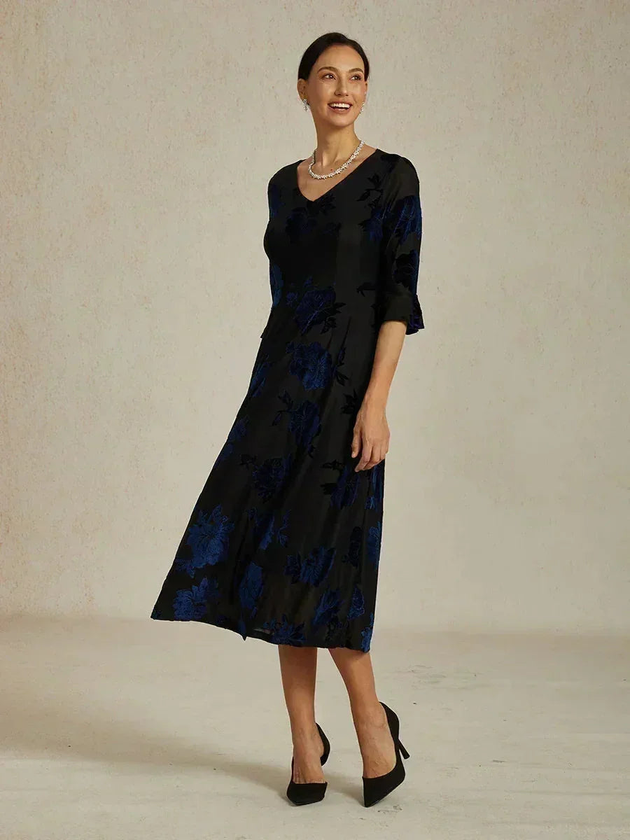 Floral Velvet A-Line Dress with Flutter Sleeves