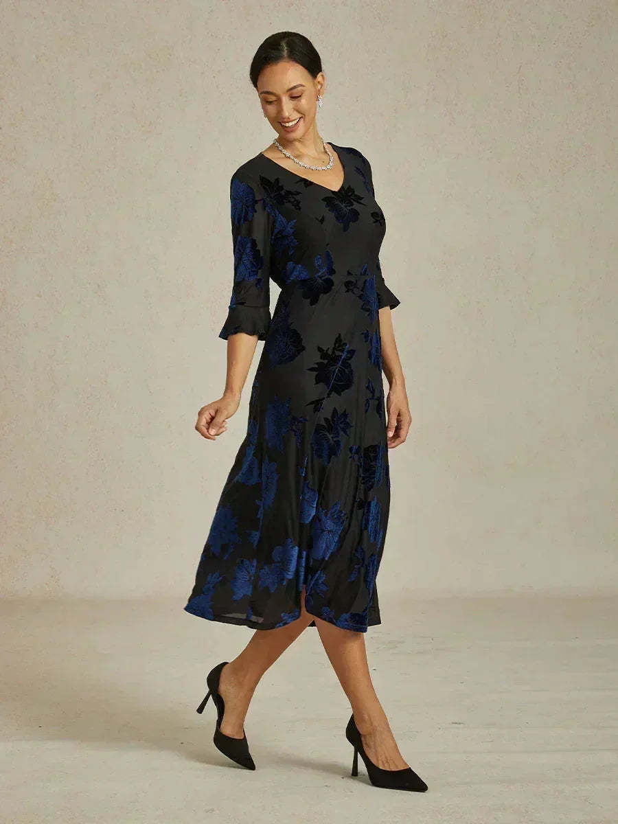 Floral Velvet A-Line Dress with Flutter Sleeves