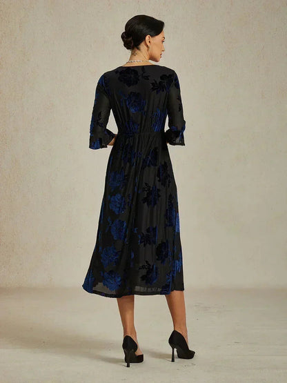 Floral Velvet A-Line Dress with Flutter Sleeves