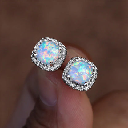 Elegant Silver Round White Fire Opal Stud Earrings - LEESTIA