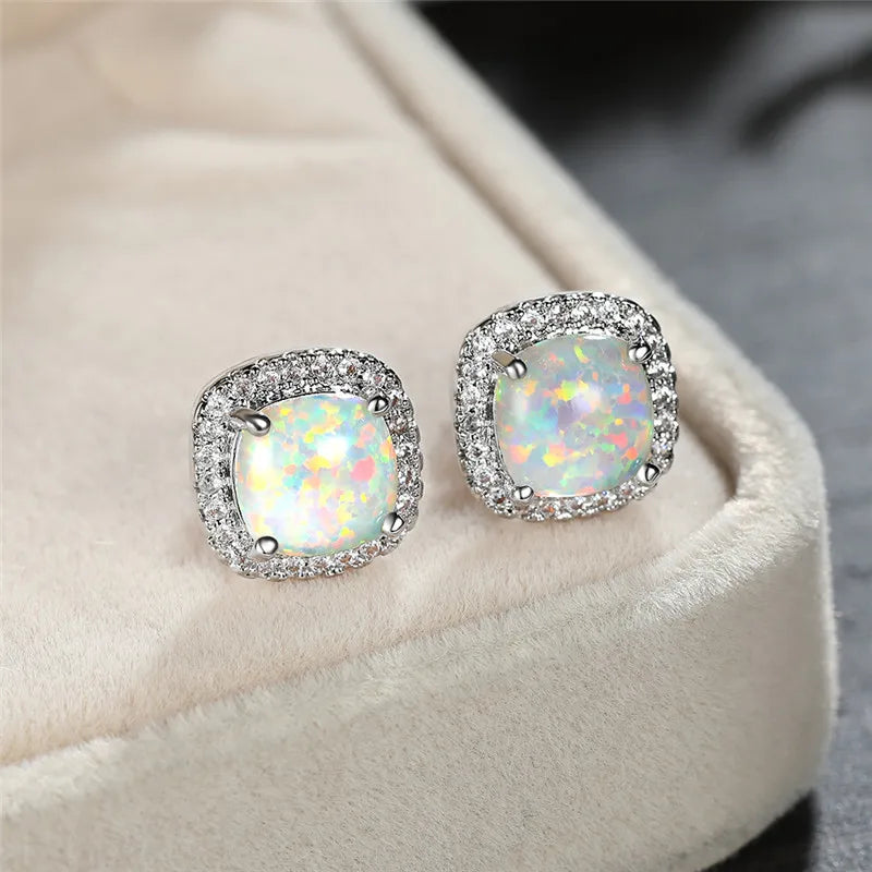 Elegant Silver Round White Fire Opal Stud Earrings - LEESTIA