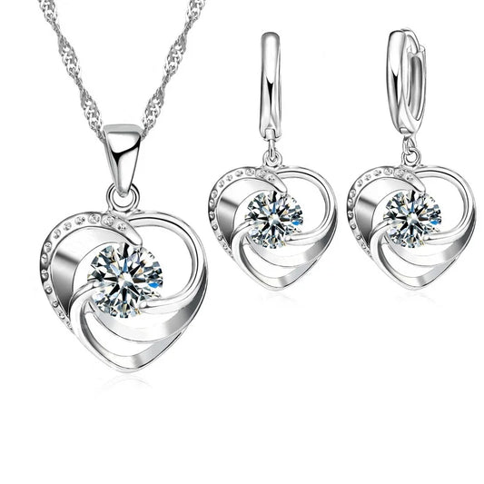 Sterling Silver Heart Necklace and Earrings - LEESTIA