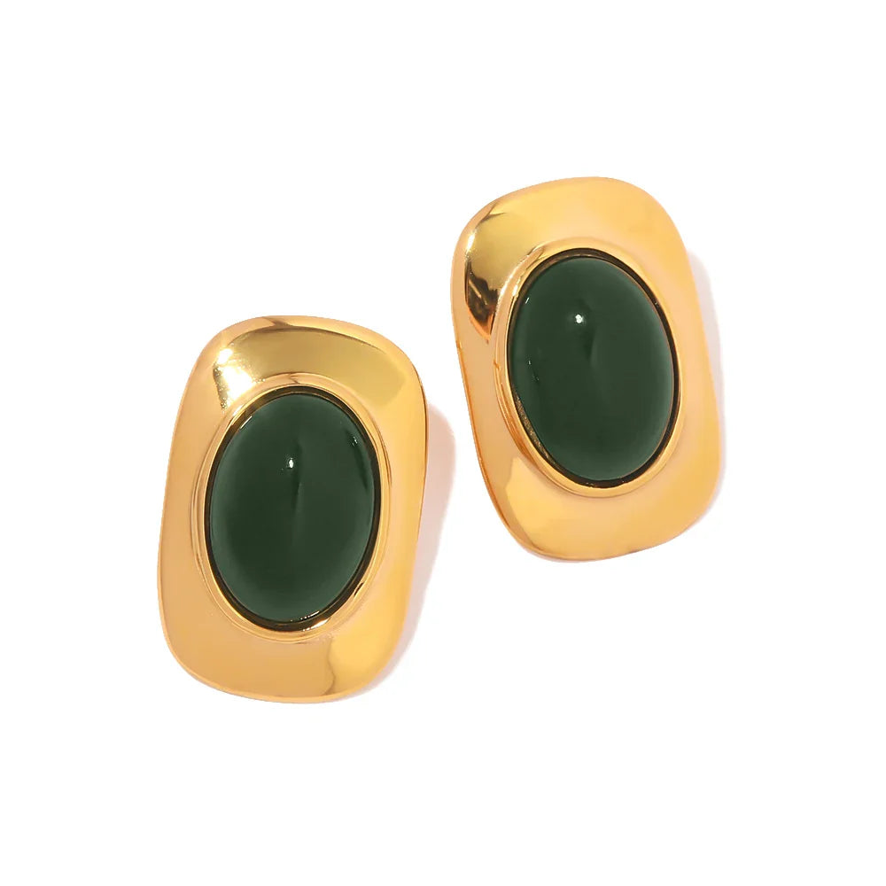Vintage 18K Gold Plated Green Opal Oval Earrings - LEESTIA