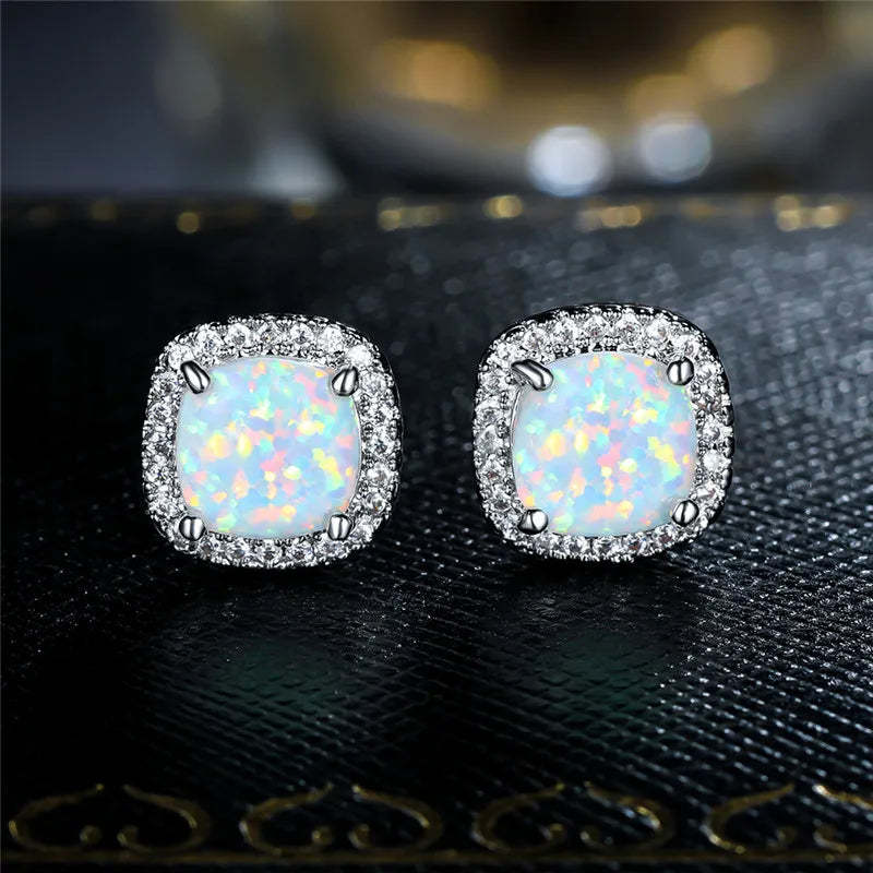 Elegant Silver Round White Fire Opal Stud Earrings - LEESTIA