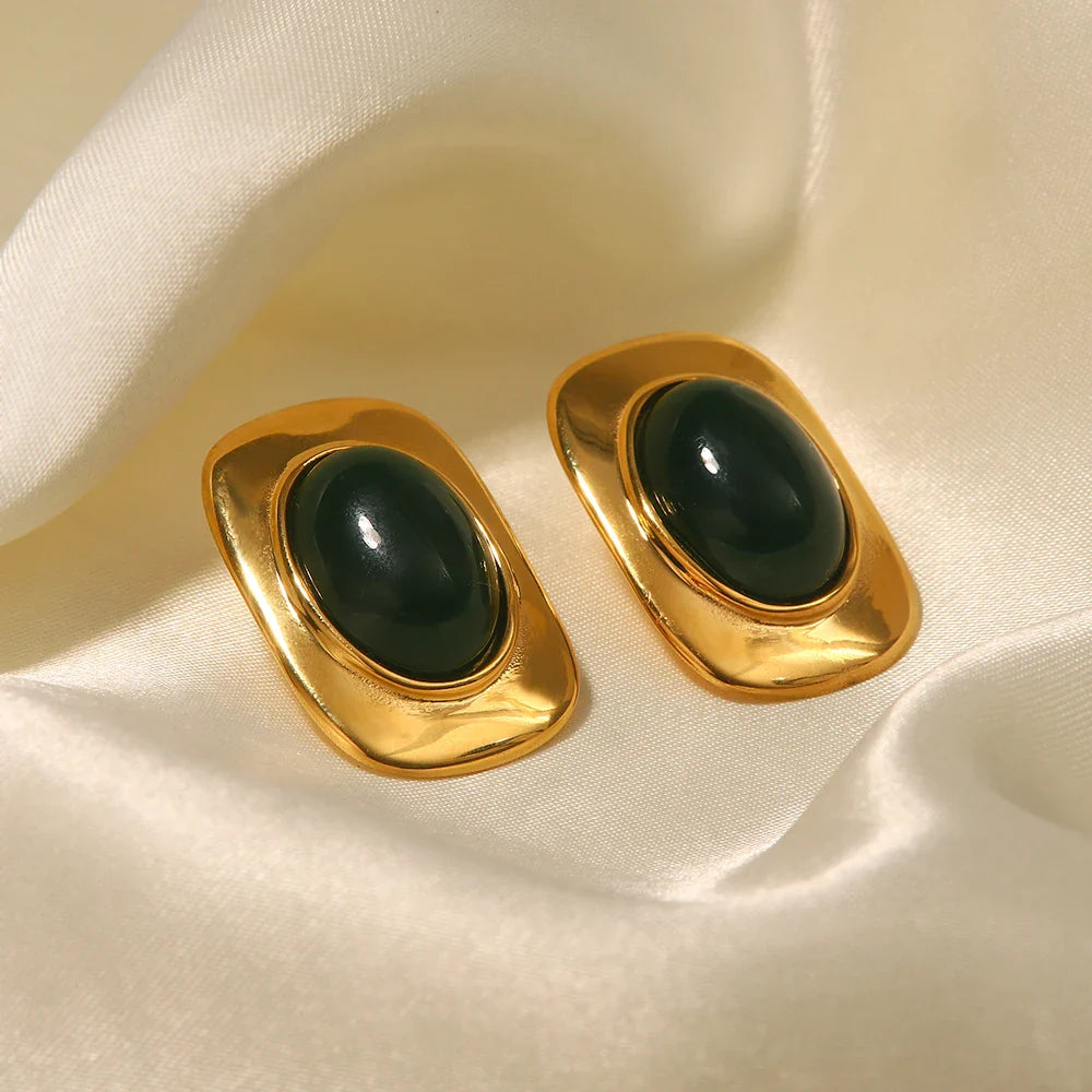 Vintage 18K Gold Plated Green Opal Oval Earrings - LEESTIA