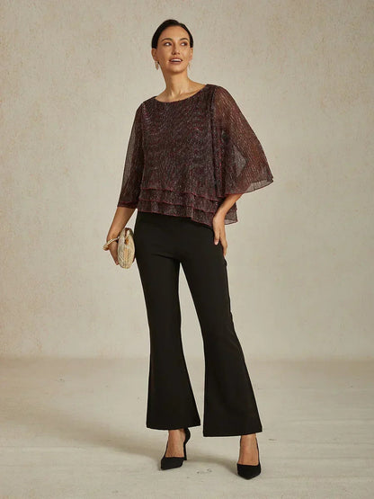 Metallic Pleated Chiffon Asymmetrical Layered Blouse