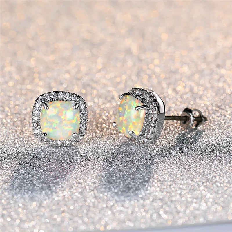 Elegant Silver Round White Fire Opal Stud Earrings - LEESTIA