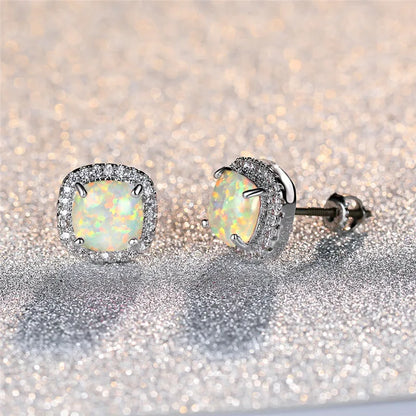 Elegant Silver Round White Fire Opal Stud Earrings - LEESTIA