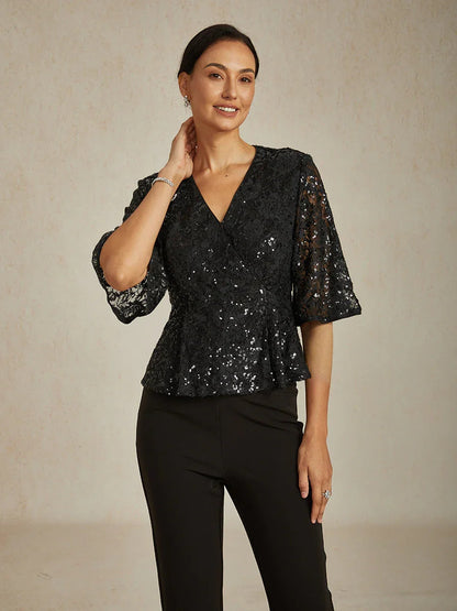 3/4 Sleeve Stretch Lace Blouse with Sequin Detail