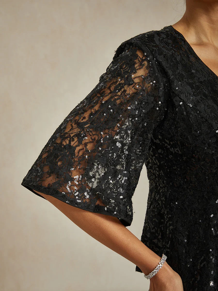 3/4 Sleeve Stretch Lace Blouse with Sequin Detail