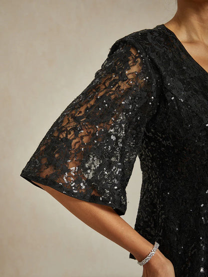 3/4 Sleeve Stretch Lace Blouse with Sequin Detail
