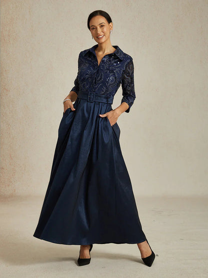 Stretch Taffeta Embroidered Cocktail Dress with Paisley Sequin Bodice