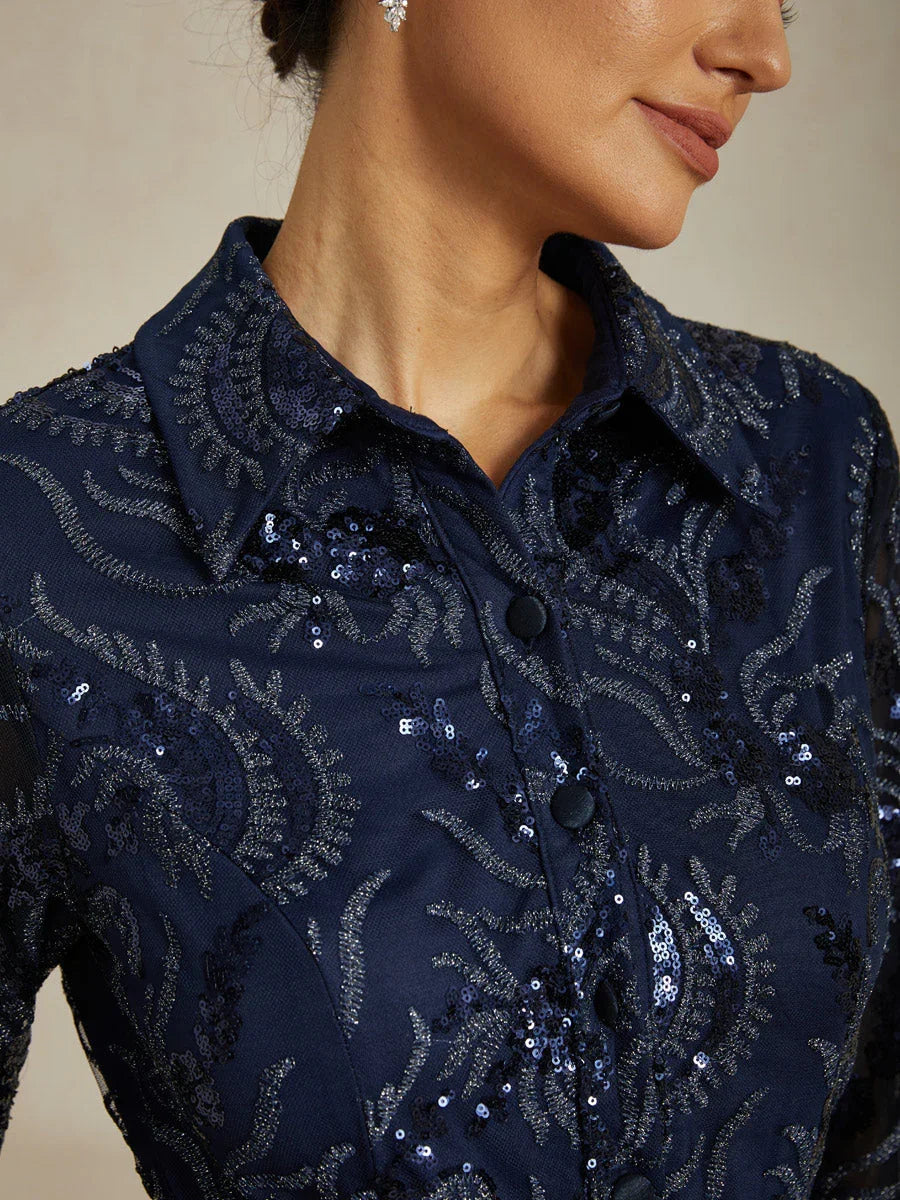 Stretch Taffeta Embroidered Cocktail Dress with Paisley Sequin Bodice