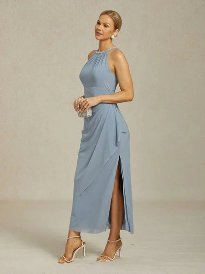 Elegant Beaded Halter Maxi Dress with Ruffle Detail