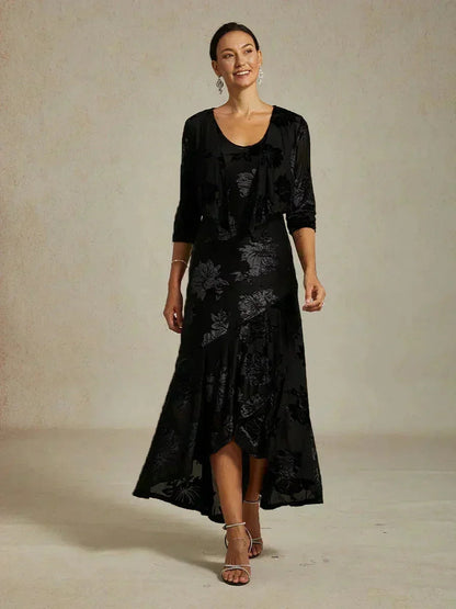 Navy Floral Chiffon Evening Gown with Asymmetrical Hem