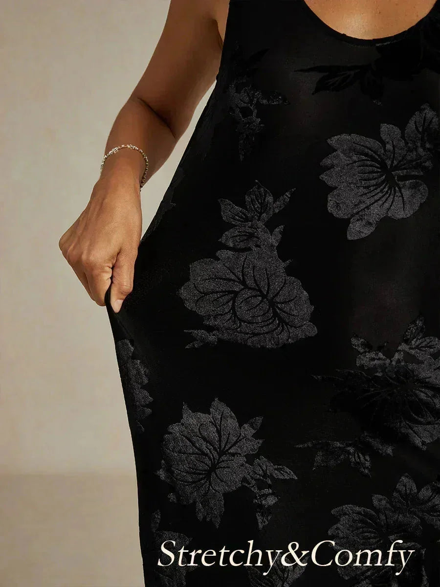 Navy Floral Chiffon Evening Gown with Asymmetrical Hem