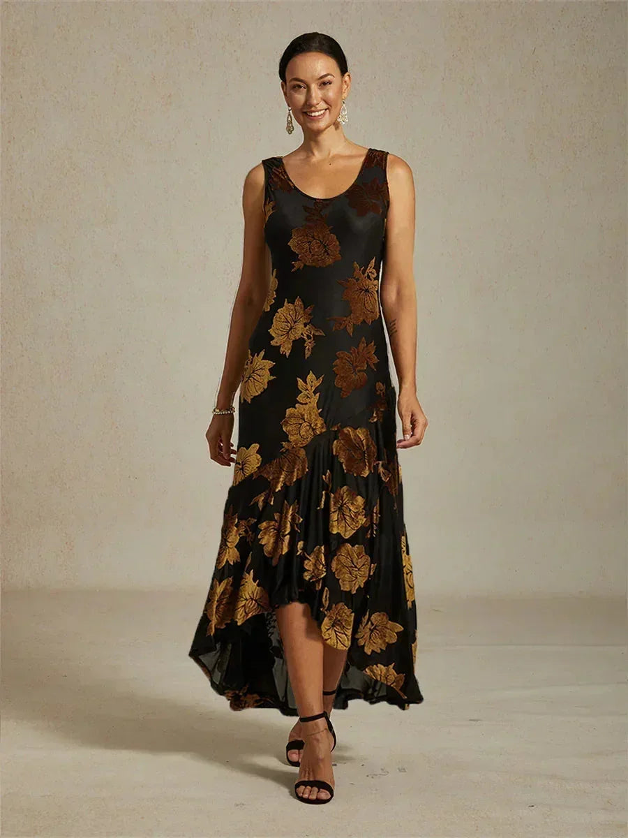 Floral Chiffon Evening Gown with Asymmetrical Hem
