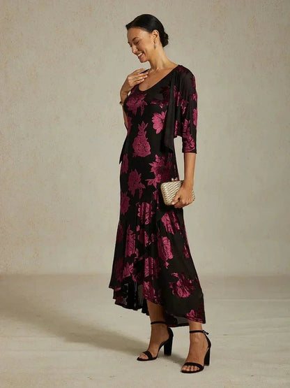 Navy Floral Chiffon Evening Gown with Asymmetrical Hem